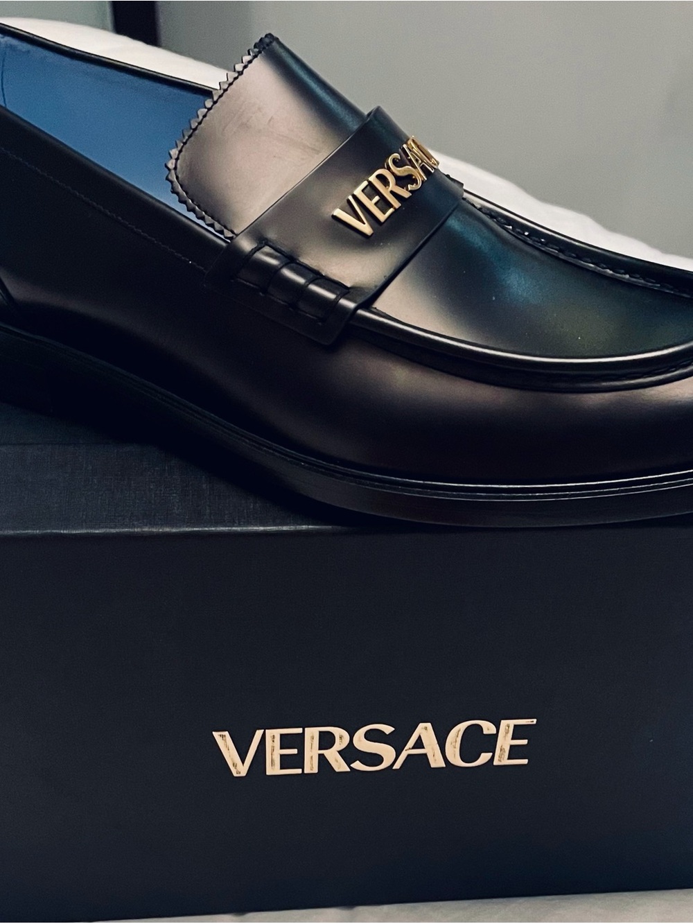 Versace Black Leather Loafers with Gold Logo Plaque
